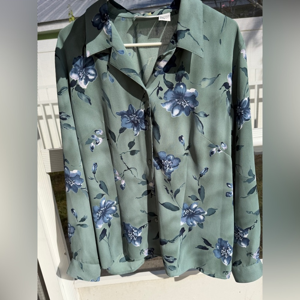 Alfred Dunner Women’s Blouse Size 18 XL Green Printed Button Down Collared Top - Picture 4 of 9